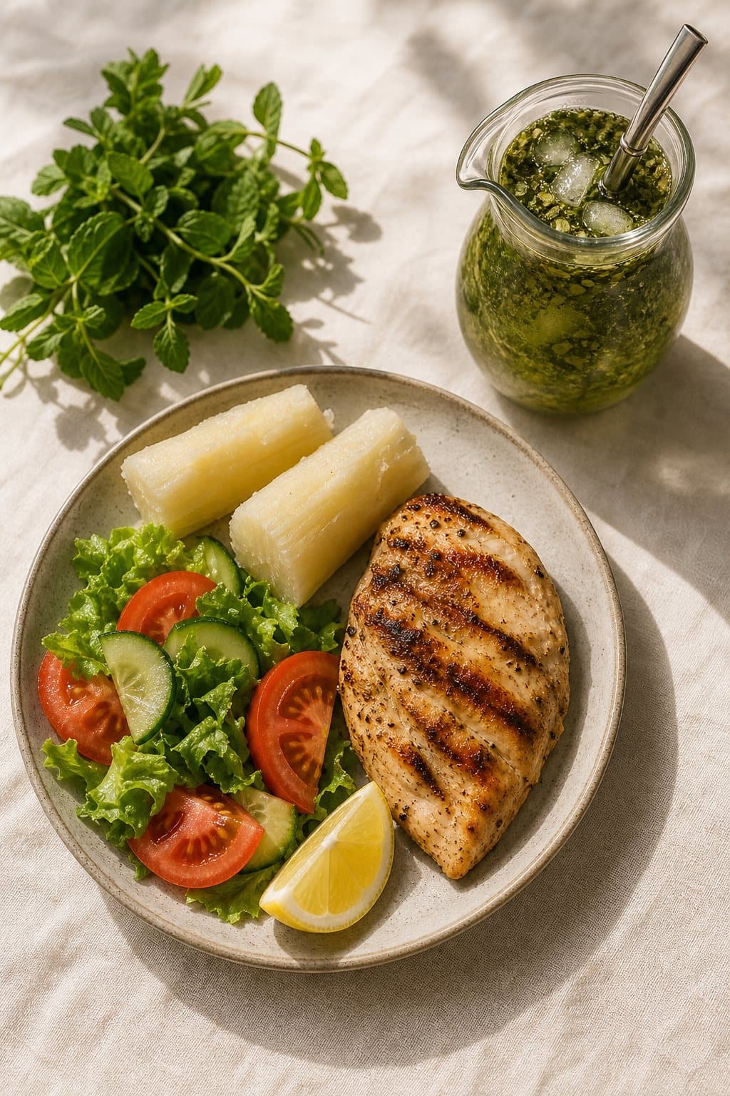 Plato paraguayo saludable: pollo a la plancha, mandioca y ensalada